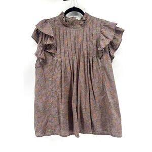 Victoria Dunn Jameson Ruffle Blouse Sz 2XL Floral Pleated Cotton Top Block Print